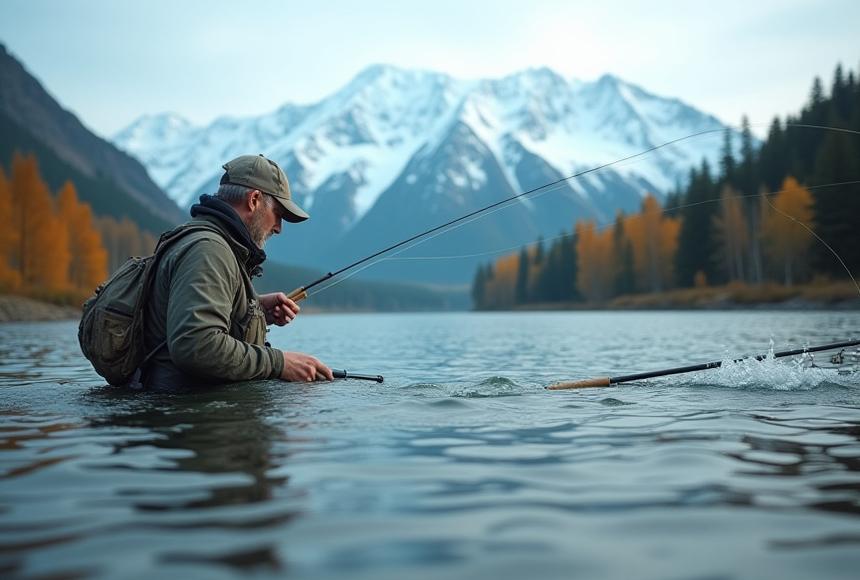 En person som fiskar med flugspö i en klar norrländsk älv med fjäll i bakgrunden