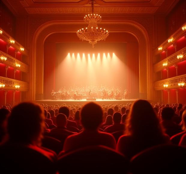 Ett elegant operahus fullt med publik, med scenen upplyst